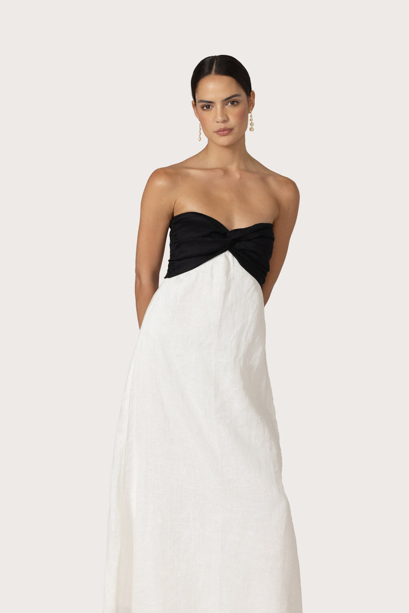 Melody Linen Maxi Dress in Contrast White Black