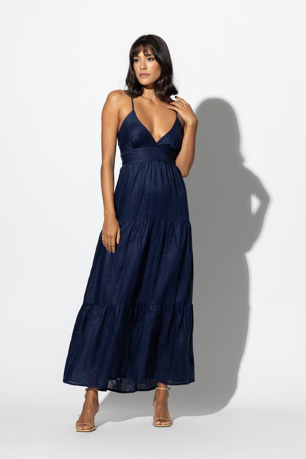 Rachel Linen Maxi Dress in Navy - Final Sale