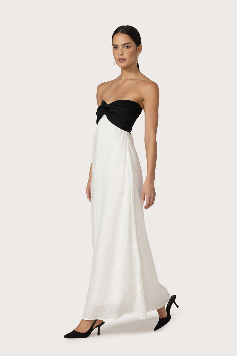Melody Linen Maxi Dress in Contrast White Black