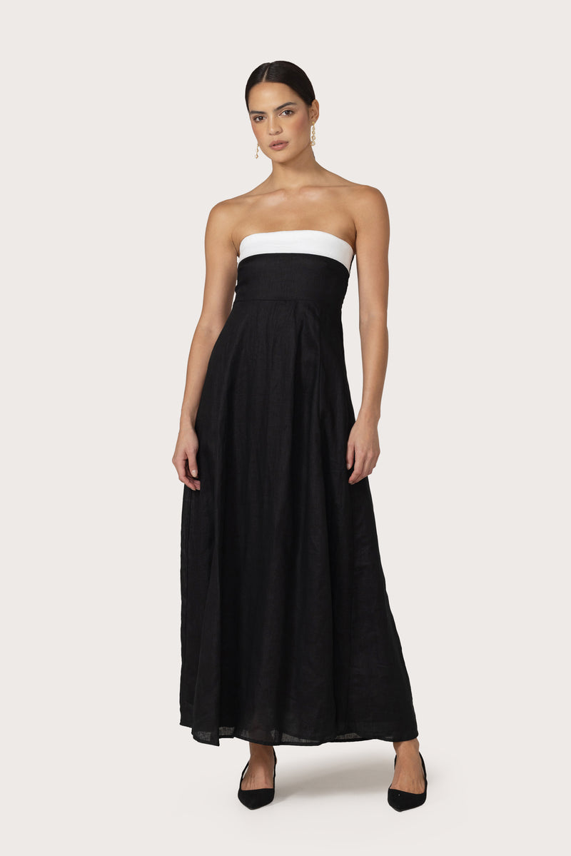 Alora Maxi Linen Dress in Black White