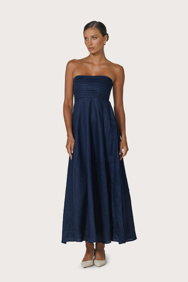 Talia Pintuck Linen Maxi Dress in Navy
