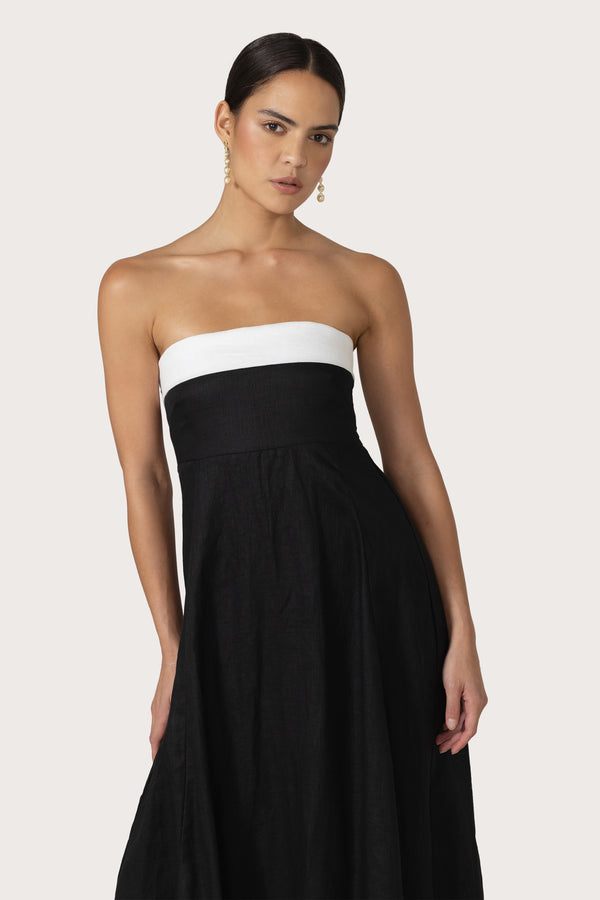 Alora Maxi Linen Dress in Black White