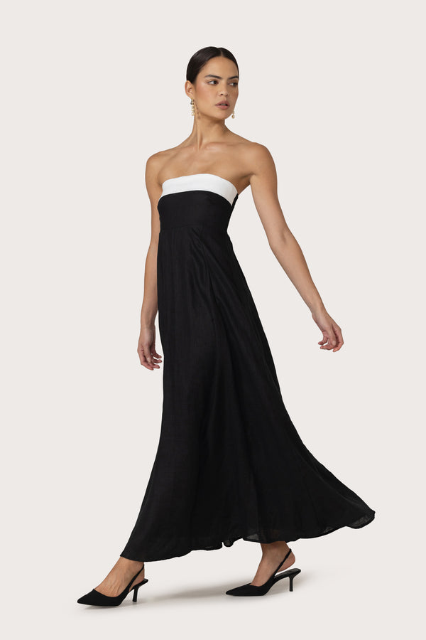 Alora Maxi Linen Dress in Black White