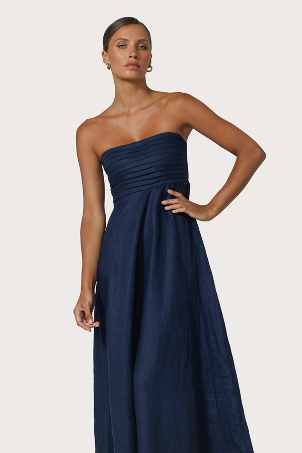 Talia Pintuck Linen Maxi Dress in Navy