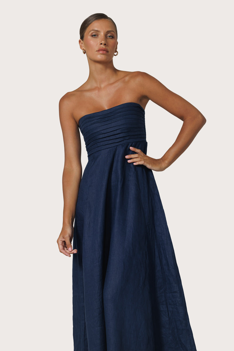 Talia Pintuck Linen Maxi Dress in Navy