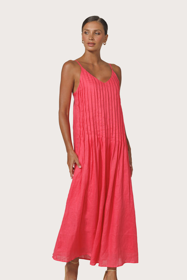 Marra Pleated Linen Maxi Dress in Melon