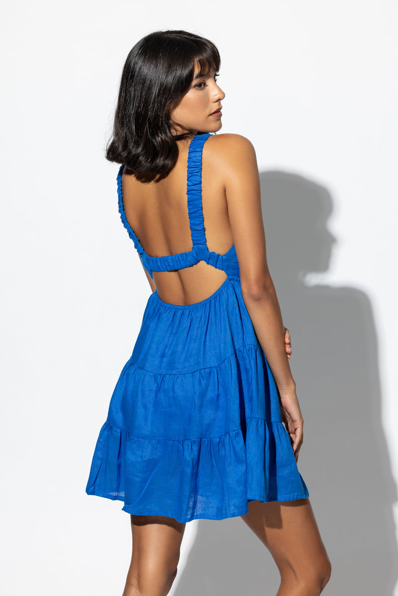 Kyra Linen Mini Dress in Cobalt Linen