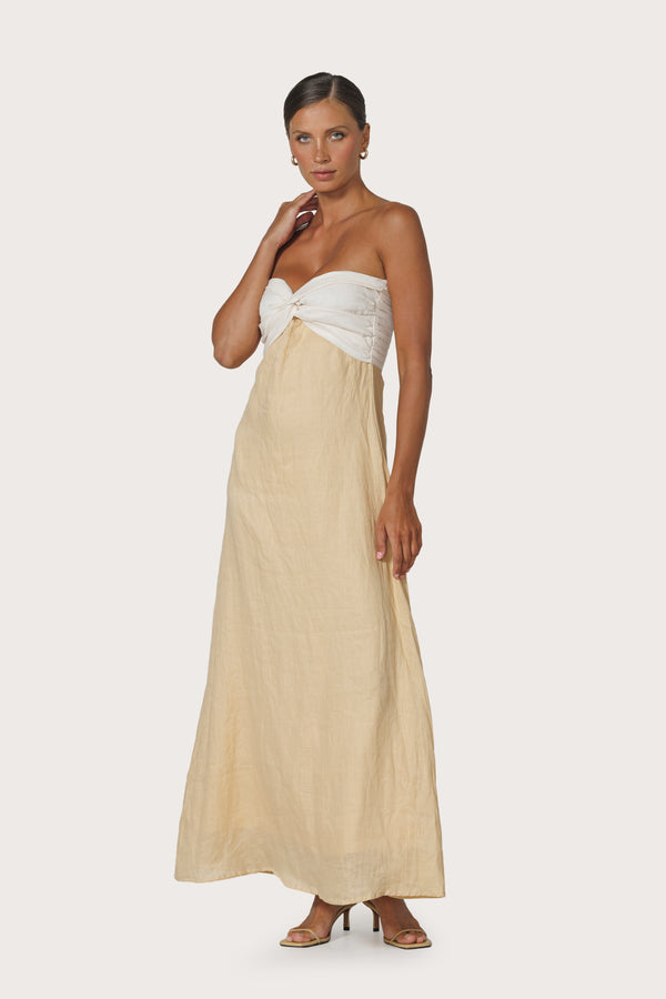 Melody Contrast Maxi Linen Dress in Chalk