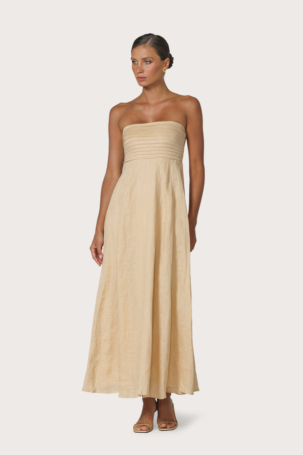 Talia Pintuck Linen Maxi Dress in Champagne