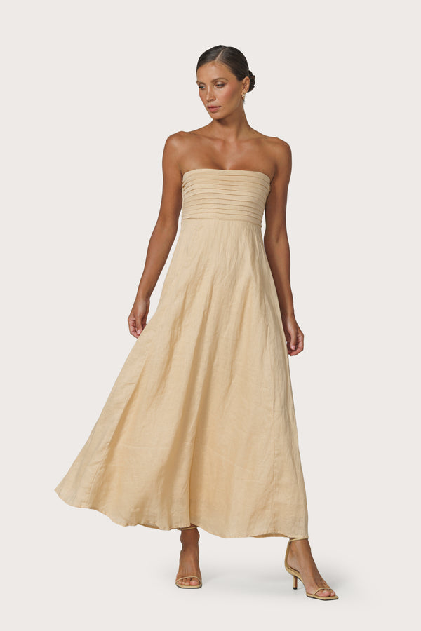 Talia Pintuck Linen Maxi Dress in Champagne