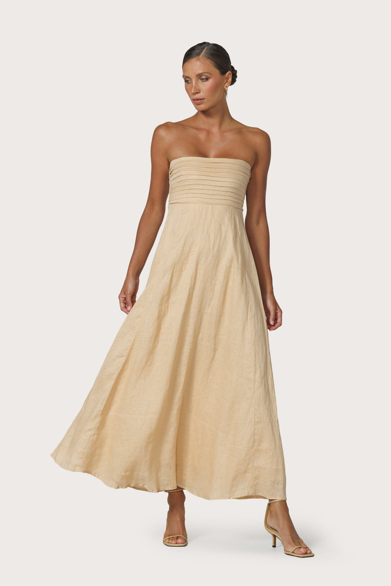 Talia Pintuck Linen Maxi Dress in Champagne