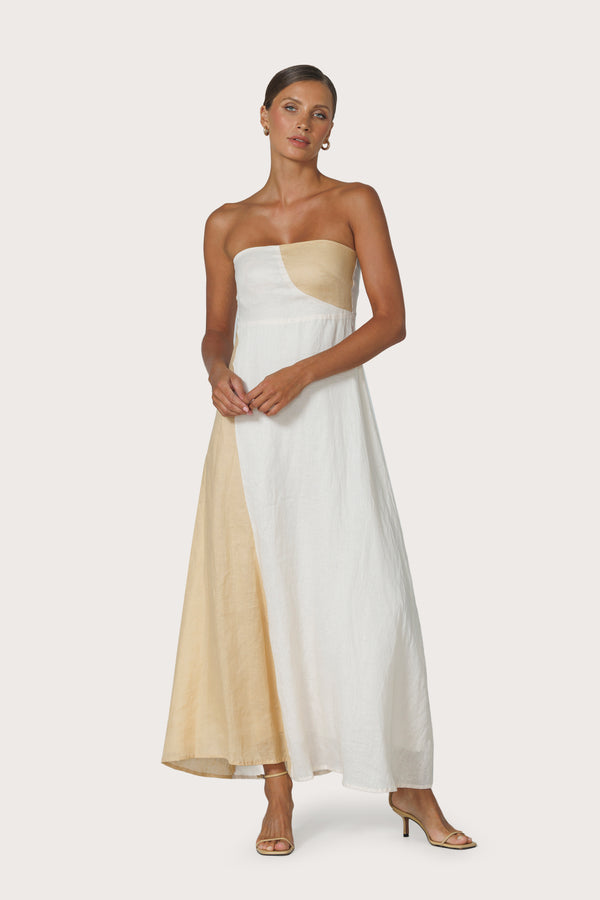 Harlow Contrast Maxi Linen Dress in Chalk
