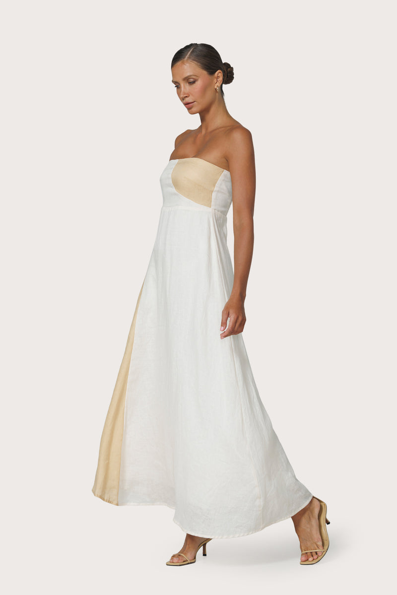 Harlow Contrast Maxi Linen Dress in Chalk