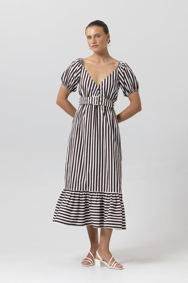 Leeta Belted Poplin Dress in Pencil Stripe