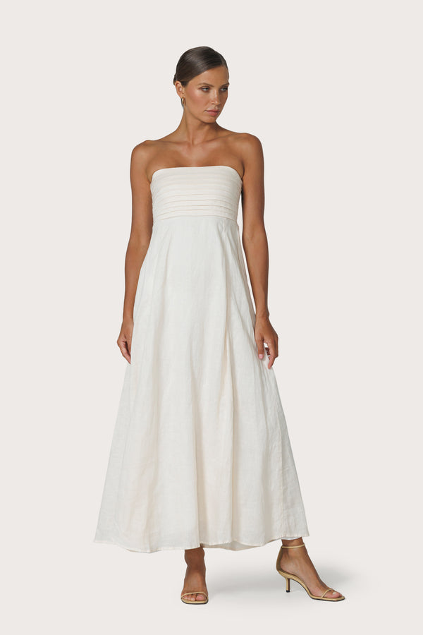 Talia Pintuck Linen Maxi Dress in Chalk