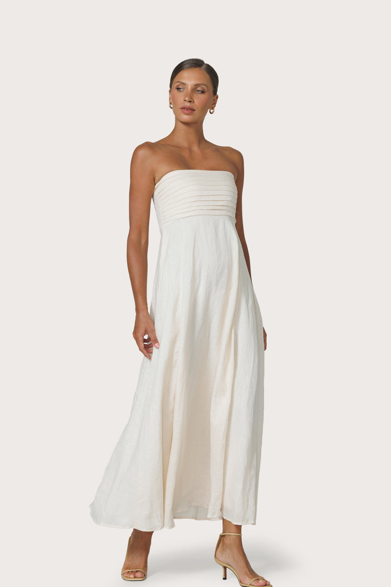 Talia Pintuck Linen Maxi Dress in Chalk