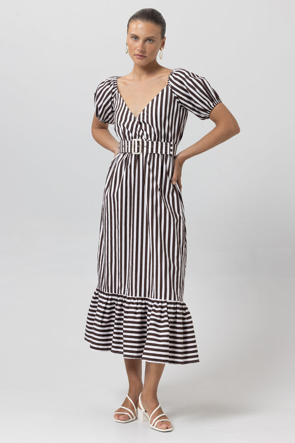 Leeta Belted Poplin Dress in Pencil Stripe