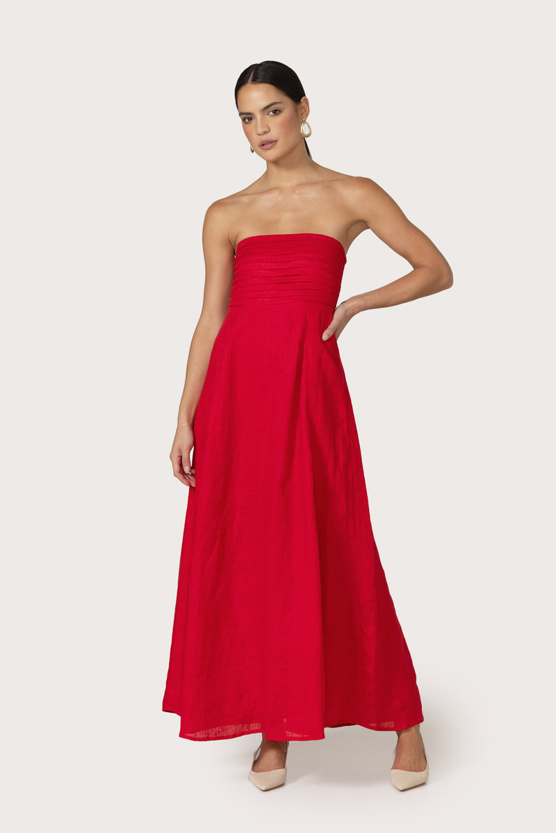 Talia Linen Pintuck Maxi Dress in Radiant Red