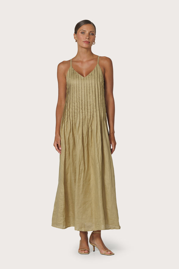 Marra Pleated Linen Maxi Dress in Cafe