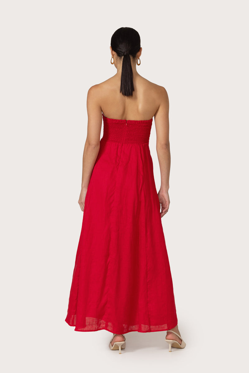 Talia Linen Pintuck Maxi Dress in Radiant Red