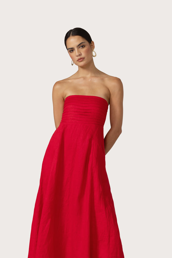 Talia Linen Pintuck Maxi Dress in Radiant Red