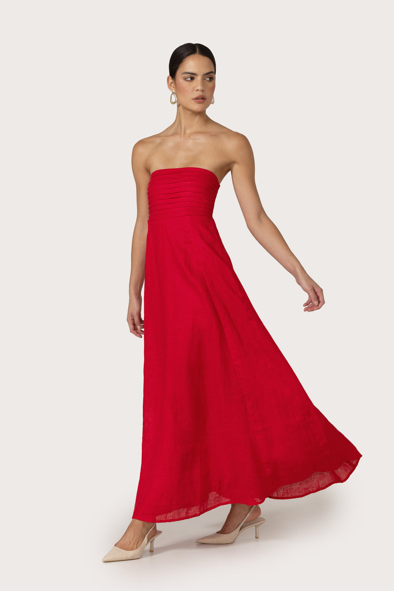 Talia Linen Pintuck Maxi Dress in Radiant Red