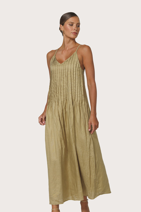 Marra Pleated Linen Maxi Dress in Cafe