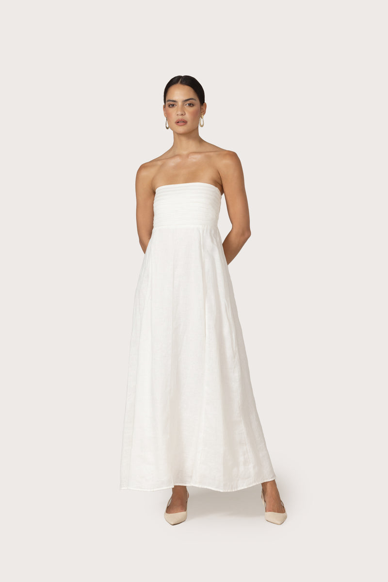 Talia Linen Pintuck Maxi Dress in White Lusana Talia Linen Pintuck Maxi Dress in White Lusana
