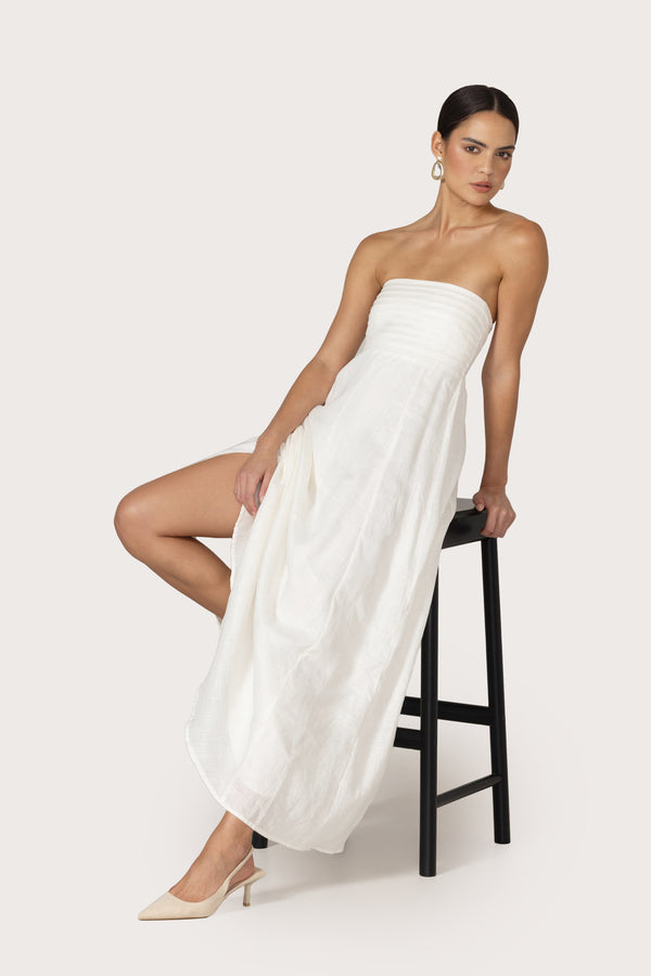 Talia Linen Pintuck Maxi Dress in White