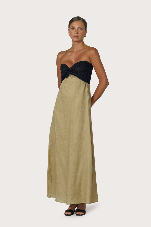 Melody Contrast Maxi Linen Dress in Cafe