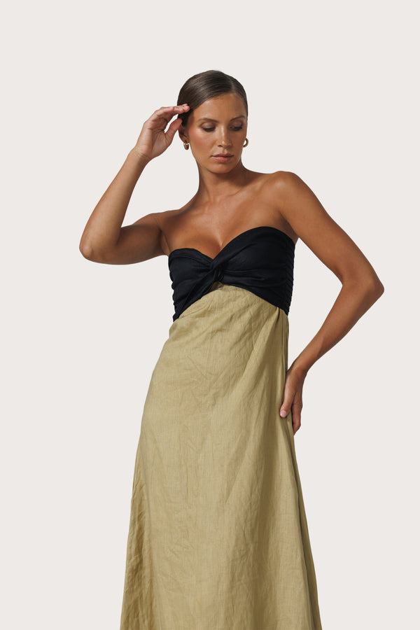 Melody Contrast Maxi Linen Dress in Cafe