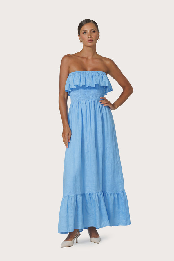 Pari Maxi Linen Dress in Neu Bleu