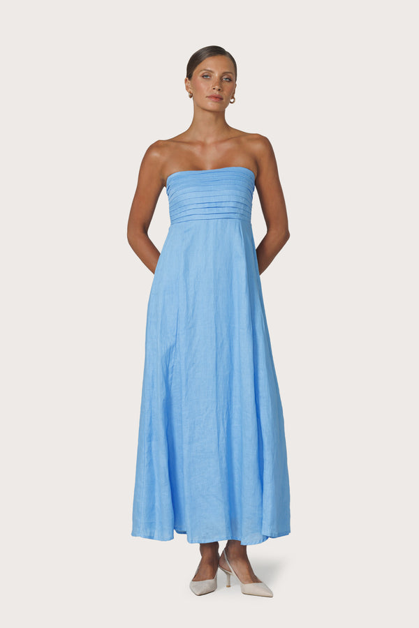 Talia Pintuck Linen Maxi Dress in Neu Bleu