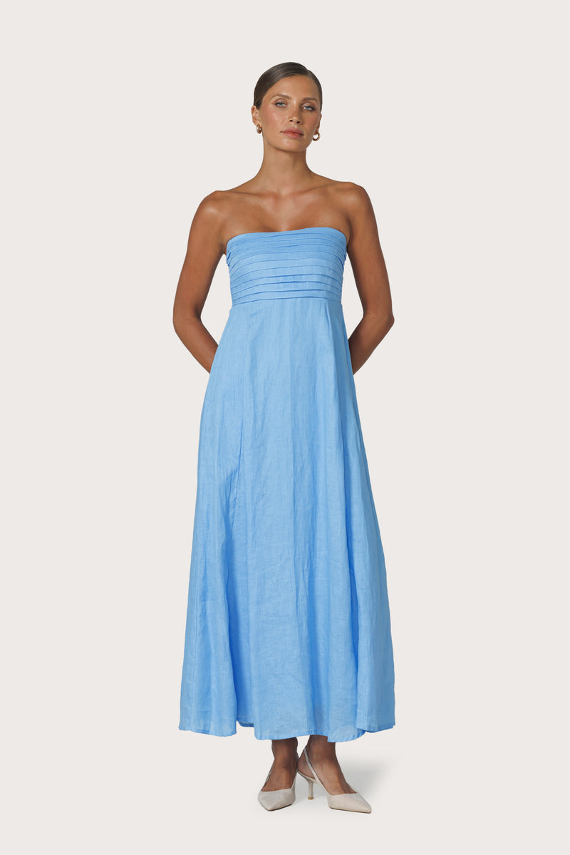 Talia Pintuck Linen Maxi Dress in Neu Bleu