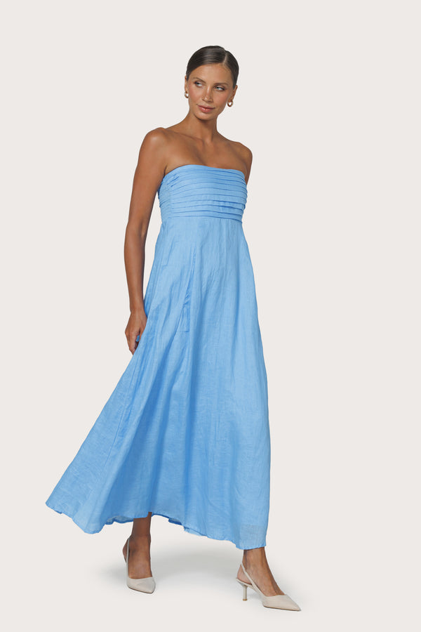 Talia Pintuck Linen Maxi Dress in Neu Bleu