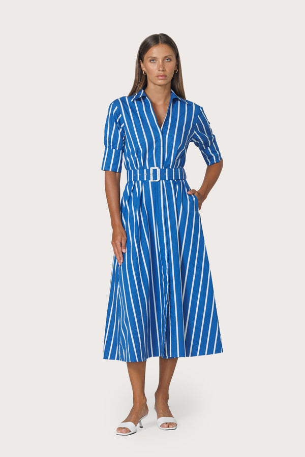Chrissie Belted Maxi Poplin Dress in Vacay Stripe