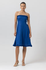 Juliette Strapless Linen Midi Dress in Sapphire