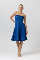 Juliette Strapless Linen Midi Dress in Sapphire