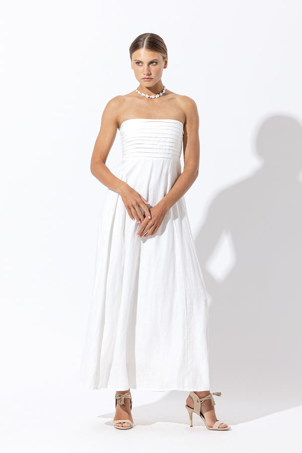 Talia Linen Pintuck Maxi Dress in White