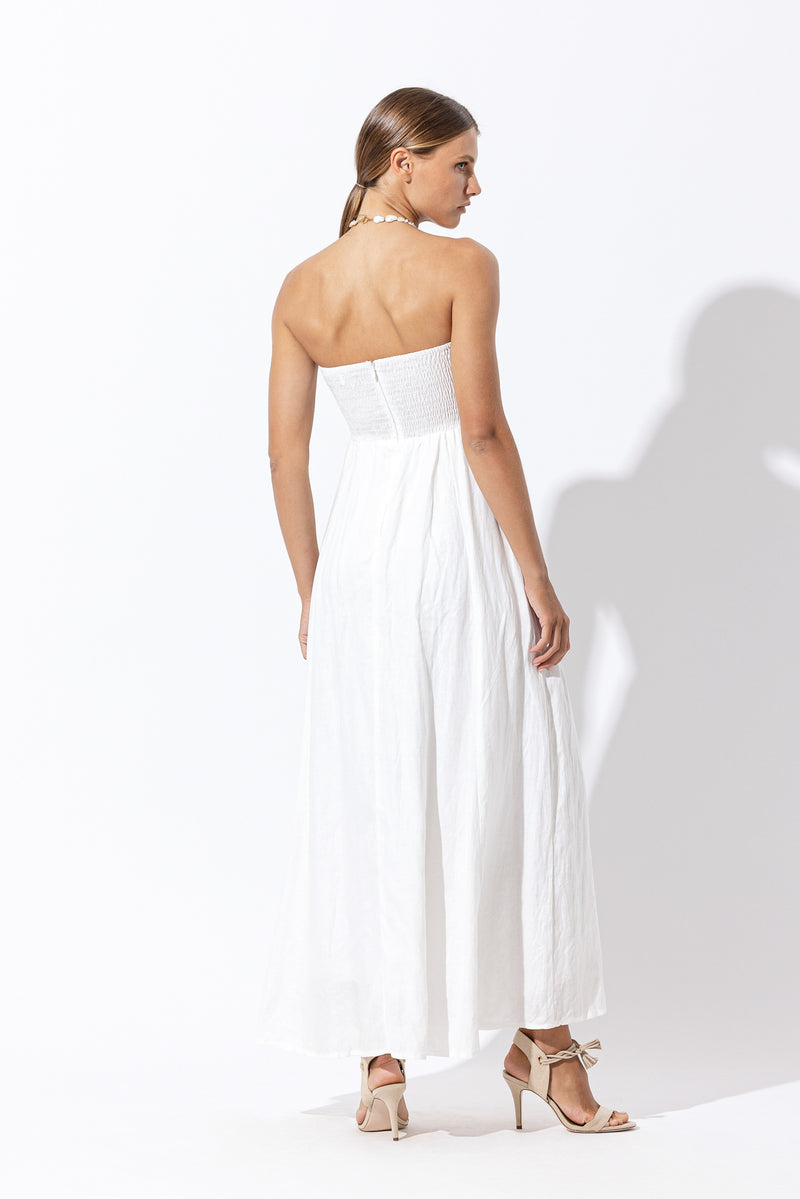 Talia Linen Pintuck Maxi Dress in White