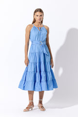 Carmen Belted Poplin Midi Dress in Blu
