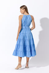 Carmen Belted Poplin Midi Dress in Blu