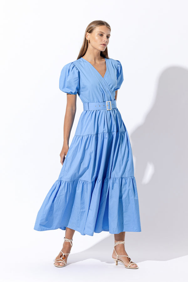 Remi Belted Poplin Midi Dress in Blu
