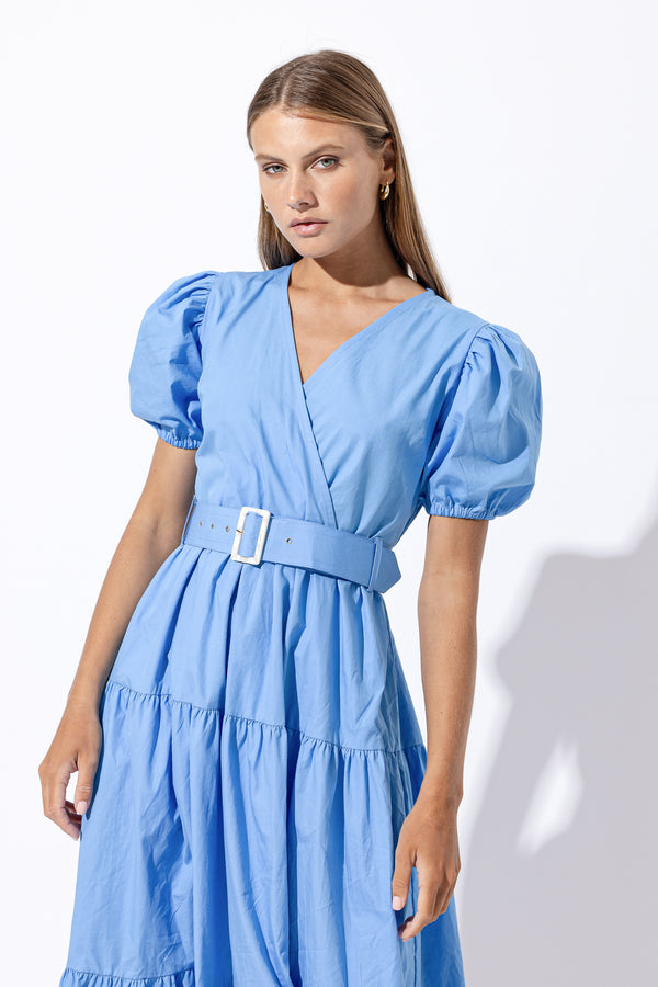 Remi Belted Poplin Midi Dress in Blu