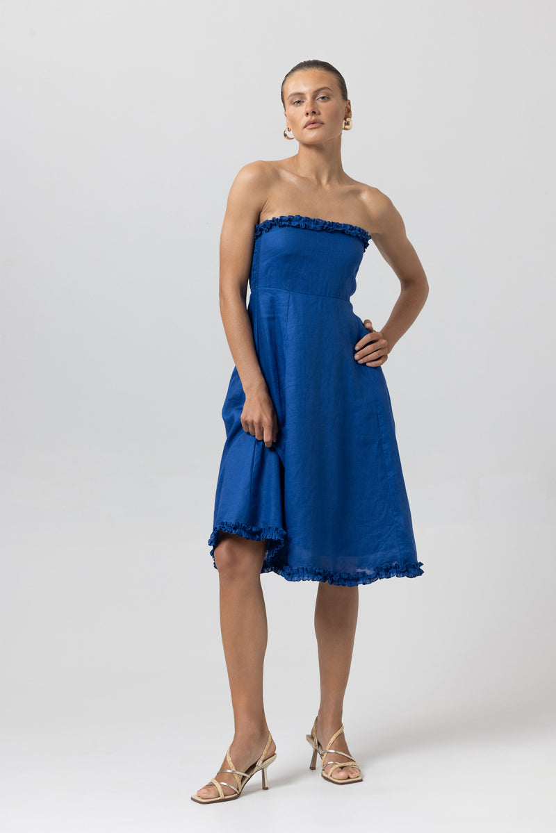 Juliette Strapless Linen Midi Dress in Sapphire