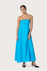 Talia Pintuck Linen Maxi Dress in Caribbean Blue