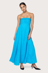 Talia Pintuck Linen Maxi Dress in Caribbean Blue