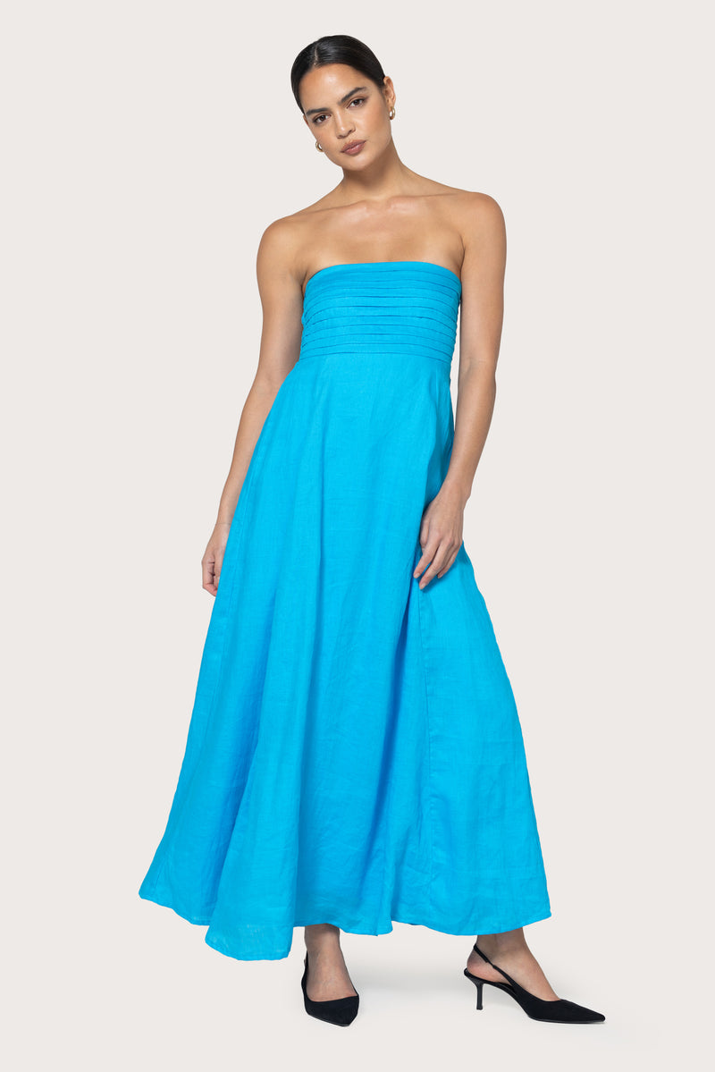 Talia Pintuck Linen Maxi Dress in Caribbean Blue – Lusana