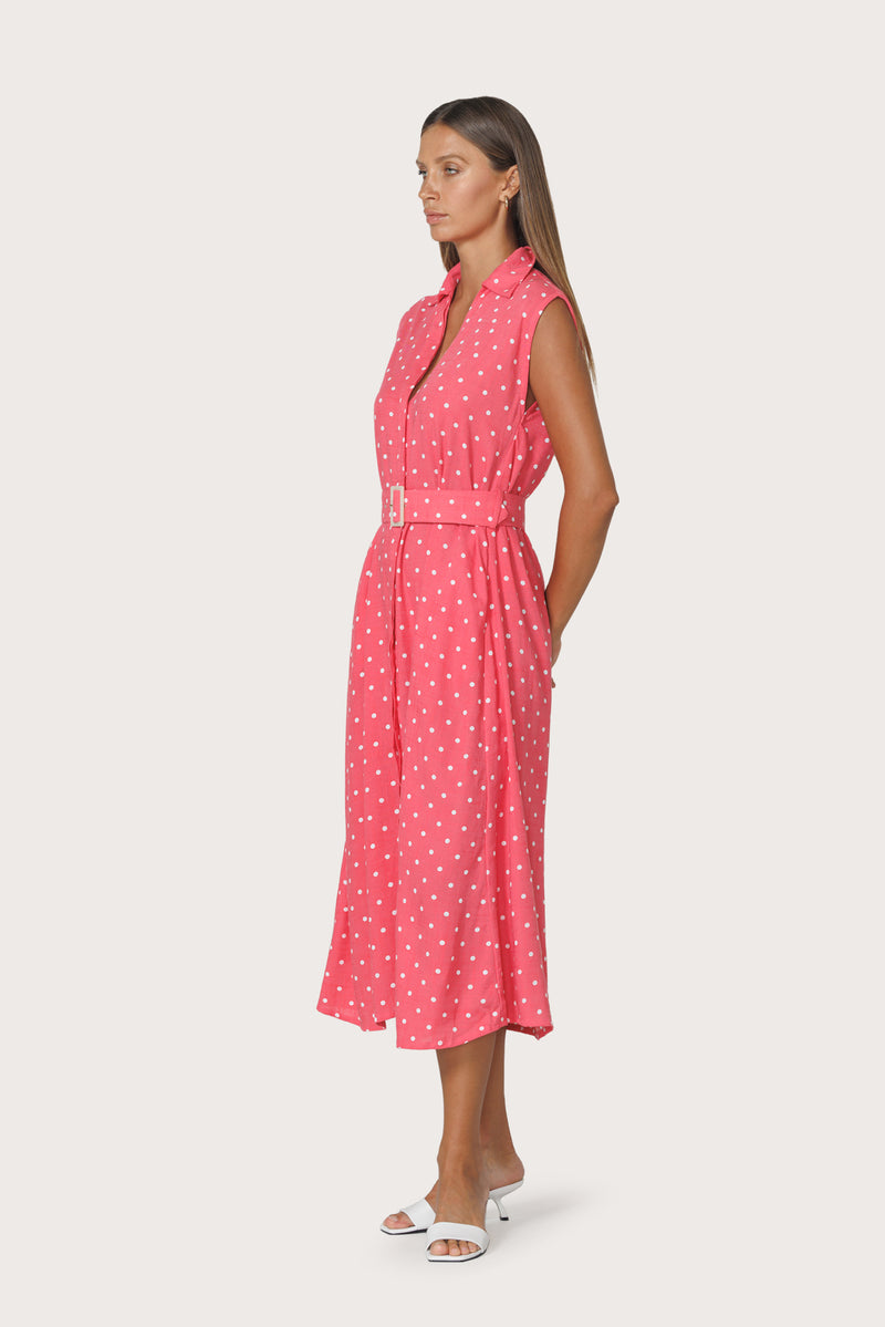 Chloe Belted Linen Shirt Dress in French Spot