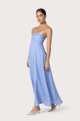 Talia Pintuck Linen Maxi Dress in Sky Blu